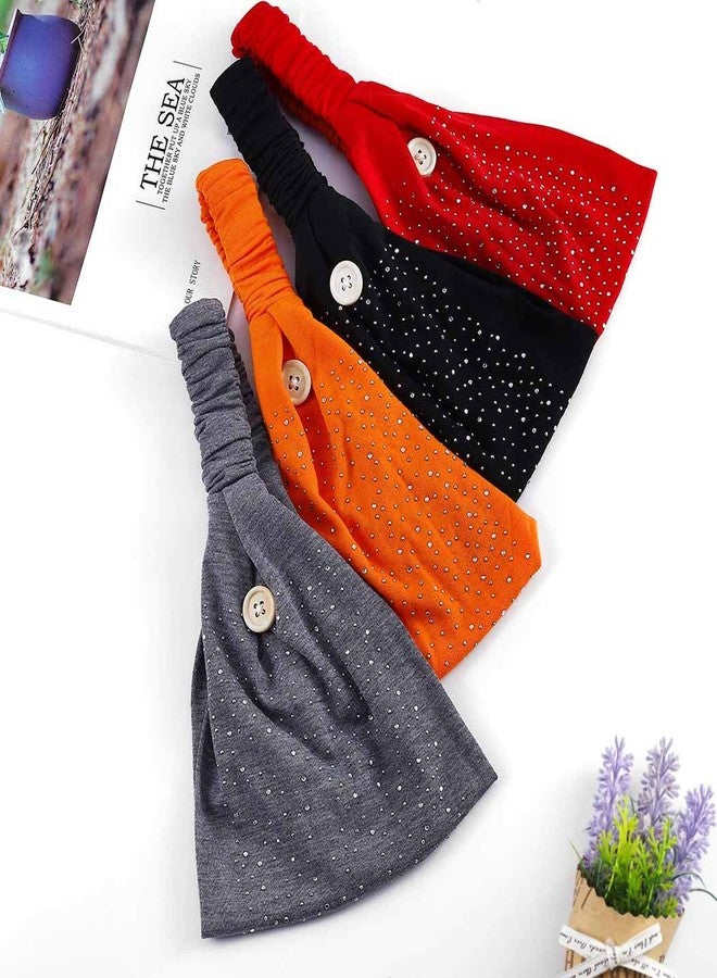 Bohend Boho Button Headband Wide Stretchy Daily Use Knotted Headwear Sport Athletic Yoga Gym Rhinestone Crystal Hair Accessories for Women and Girls(4pcs) (H) - Image 5